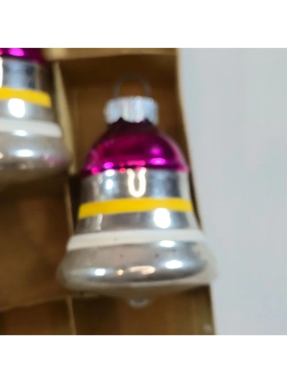 Vintage Shiny Brites Bell Ornaments lot of 3 Mercury Glass pink yellow silver